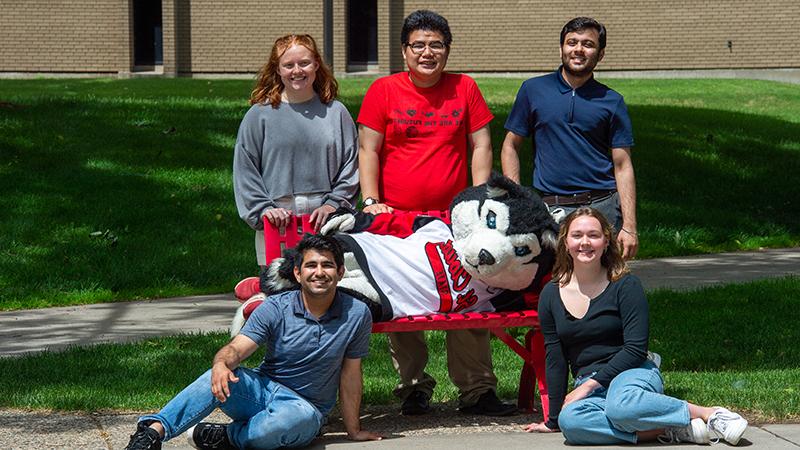 Students posing for photo with Blizzard mascot